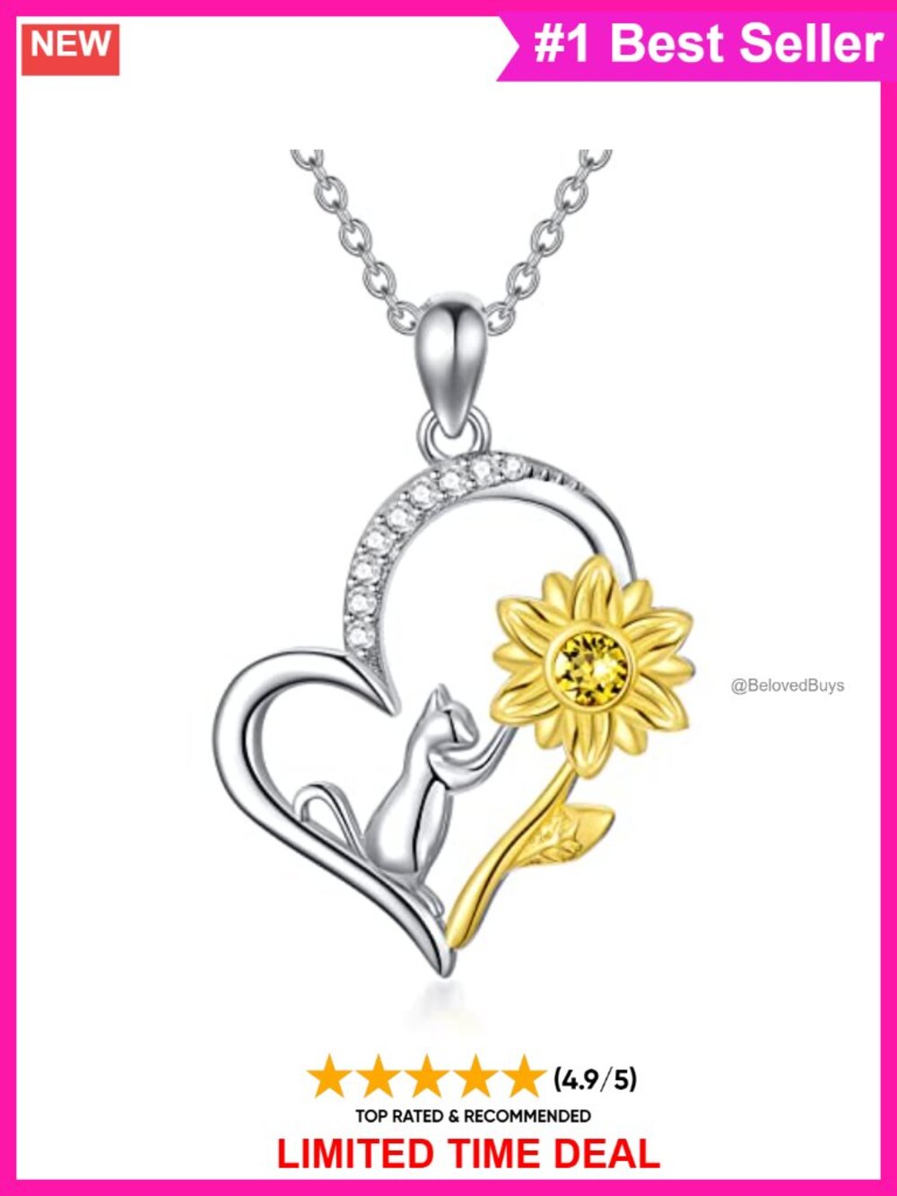 925 Sterling Silver Sunflower Cat Pendant Necklace Adjustable Chain